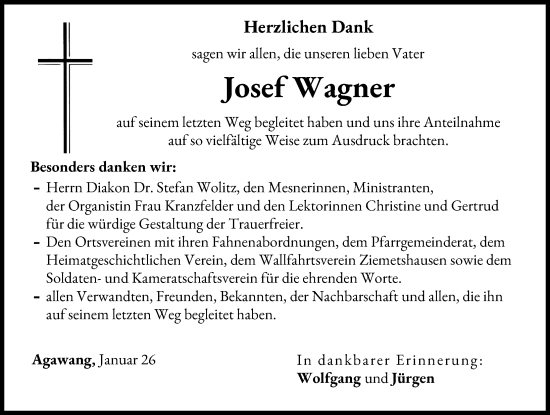 Traueranzeige von Josef Wagner von Augsburger Allgemeine