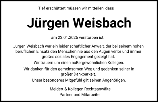 Traueranzeige von Jürgen Weisbach von Augsburger Allgemeine