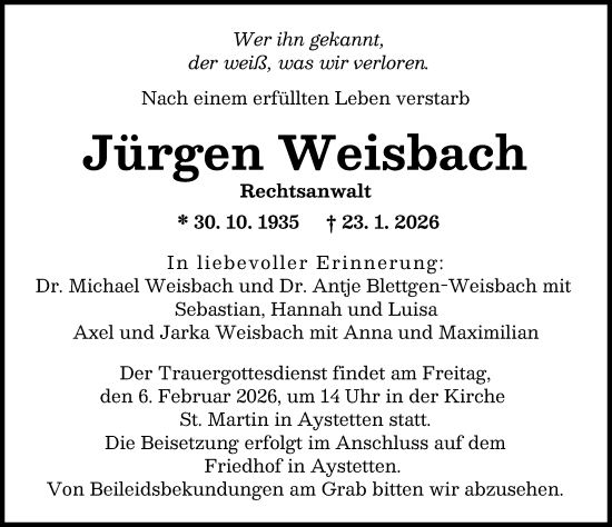 Traueranzeige von Jürgen Weisbach von Augsburger Allgemeine