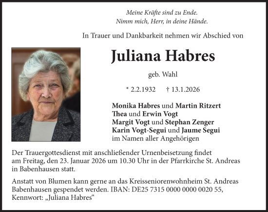 Traueranzeige von Juliana Habres von Illertisser Zeitung