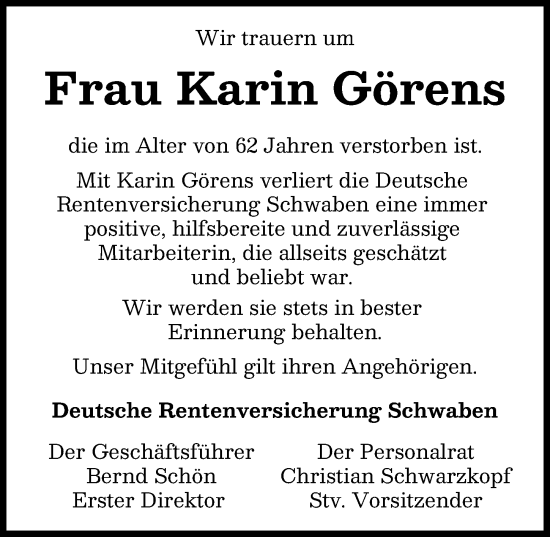 Traueranzeige von Karin Görens von Augsburg-Land