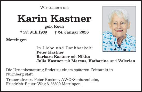 Traueranzeige von Karin Kastner von Donauwörther Zeitung