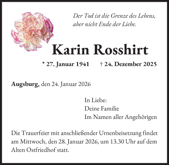 Traueranzeige von Karin Rosshirt von Augsburger Allgemeine
