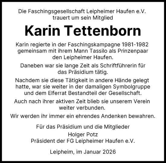 Traueranzeige von Karin Tettenborn von Günzburger Zeitung