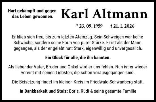 Traueranzeige von Karl Altmann von Aichacher Nachrichten, Friedberger Allgemeine