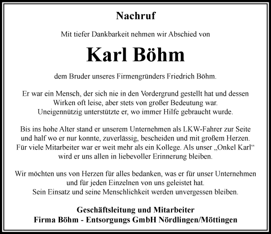 Traueranzeige von Karl Böhm von Rieser Nachrichten