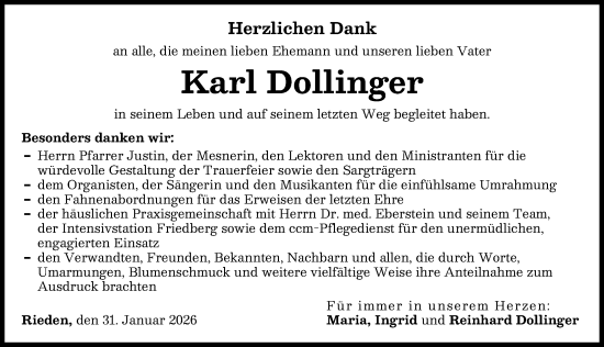 Traueranzeige von Karl Dollinger von Friedberger Allgemeine