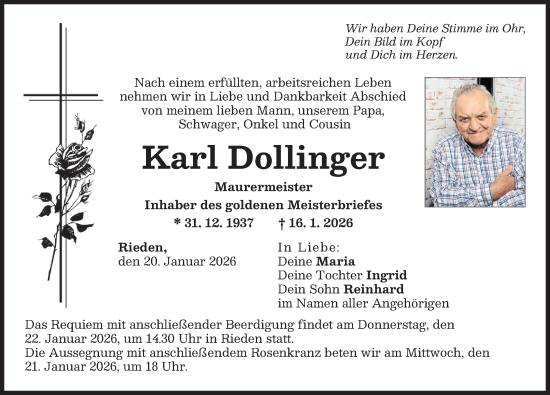 Traueranzeige von Karl Dollinger von Friedberger Allgemeine