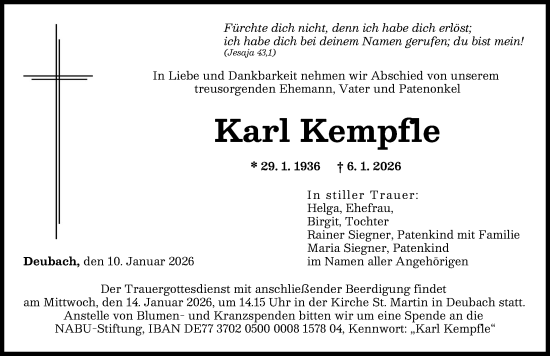 Traueranzeige von Karl Kempfle von Günzburger Zeitung
