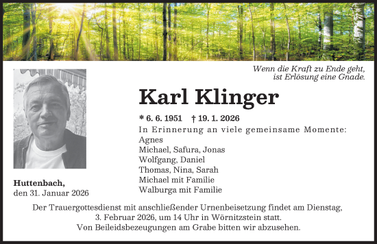 Traueranzeige von Karl Klinger von Donauwörther Zeitung