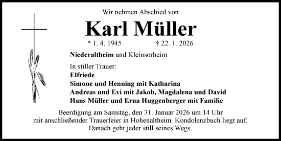 Traueranzeige von Karl Müller von Rieser Nachrichten