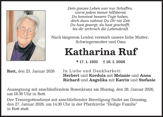 Traueranzeige von Katharina Ruf von Landsberger Tagblatt