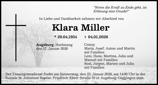 Traueranzeige von Klara Miller von Günzburger Zeitung, Augsburger Allgemeine