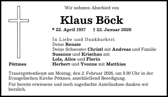 Traueranzeige von Klaus Böck von Aichacher Nachrichten