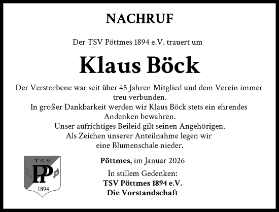 Traueranzeige von Klaus Böck von Aichacher Nachrichten