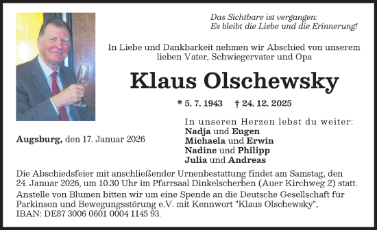 Traueranzeige von Klaus Olschewsky von Landsberger Tagblatt, Augsburger Allgemeine