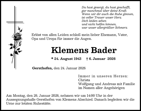 Traueranzeige von Klemens Bader von Augsburg-Land