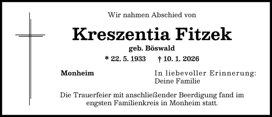 Traueranzeige von Kreszentia Fitzek von Donauwörther Zeitung