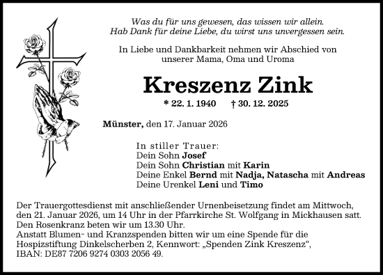 Traueranzeige von Kreszenz Zink von Schwabmünchner Allgemeine