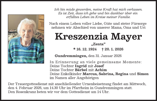 Traueranzeige von Kreszenzia Mayer von Günzburger Zeitung