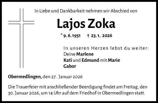 Traueranzeige von Lajos Zoka von Donau Zeitung