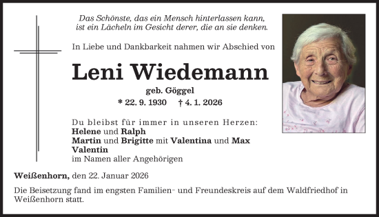 Traueranzeige von Leni Wiedemann von Neu-Ulmer Zeitung