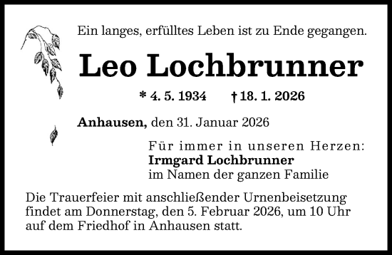 Traueranzeige von Leo Lochbrunner von Augsburg-Land