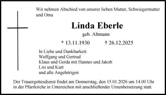 Traueranzeige von Linda Eberle von Illertisser Zeitung