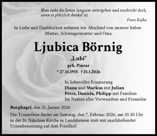 Traueranzeige von Ljubica Börnig von Donau Zeitung