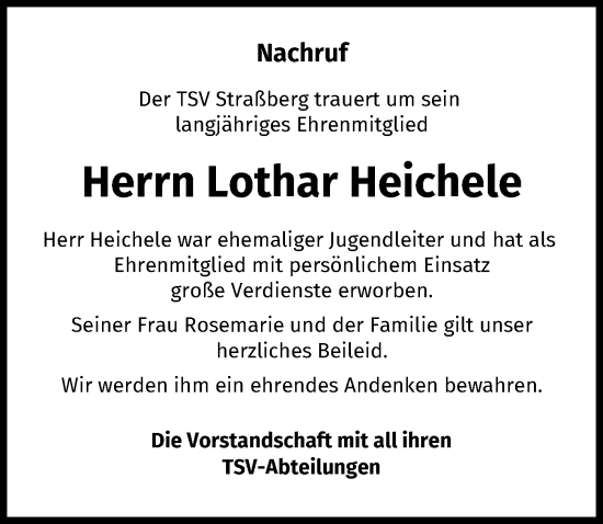 Traueranzeige von Lothar Heichele von Schwabmünchner Allgemeine