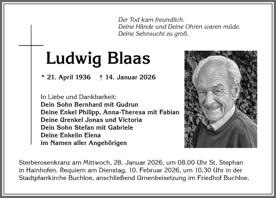 Traueranzeige von Ludwig Blaas von Augsburger Allgemeine