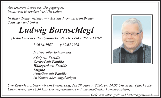 Traueranzeige von Ludwig Bornschlegl von Mittelschwäbische Nachrichten
