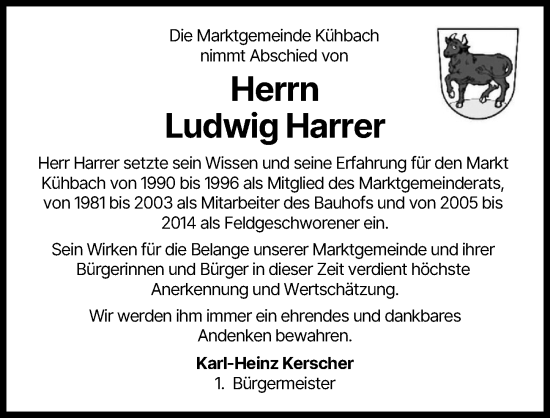 Traueranzeige von Ludwig Harrer von Aichacher Nachrichten