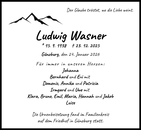 Traueranzeige von Ludwig Wasner von Günzburger Zeitung