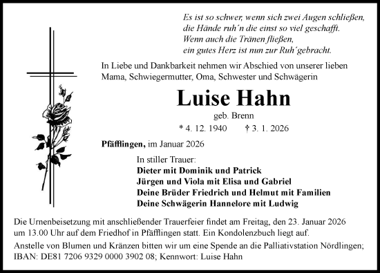 Traueranzeige von Luise Hahn von Rieser Nachrichten