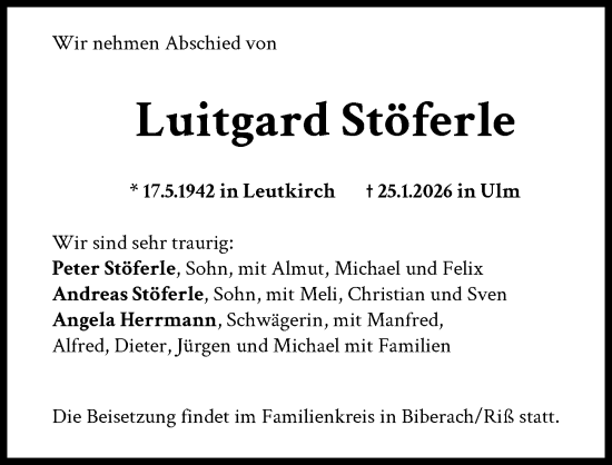 Traueranzeige von Luitgard Stöferle von Augsburger Allgemeine, Neu-Ulmer Zeitung