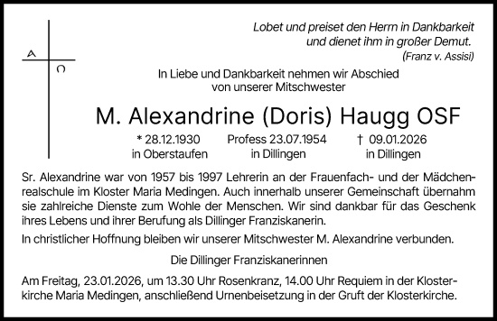 Traueranzeige von M. Alexandrine Haugg von Donau Zeitung