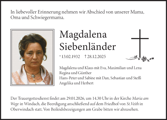 Traueranzeige von Magdalena Siebenländer von Landsberger Tagblatt
