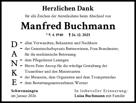 Traueranzeige von Manfred Buchmann von Donau Zeitung
