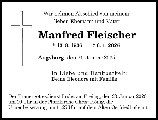 Traueranzeige von Manfred Fleischer von Augsburger Allgemeine