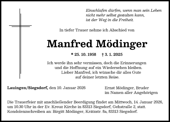 Traueranzeige von Manfred Mödinger von Donau Zeitung, Wertinger Zeitung