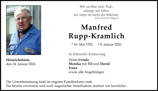 Traueranzeige von Manfred Rupp-Kramlich von Neuburger Rundschau