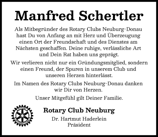 Traueranzeige von Manfred Schertler von Neuburger Rundschau