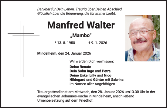 Traueranzeige von Manfred Walter von Mindelheimer Zeitung