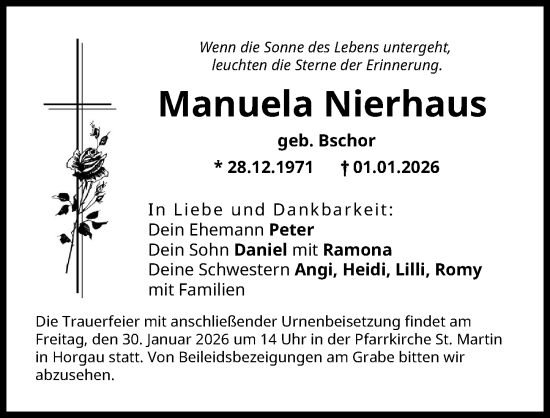 Traueranzeige von Manuela Nierhaus von Augsburg-Land, Wertinger Zeitung