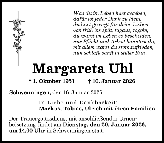 Traueranzeige von Margareta Uhl von Donau Zeitung