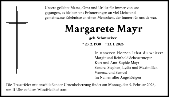 Traueranzeige von Margarete Mayr von Augsburger Allgemeine