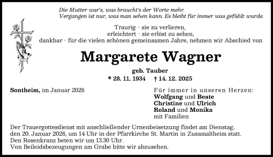 Traueranzeige von Margarete Wagner von Wertinger Zeitung