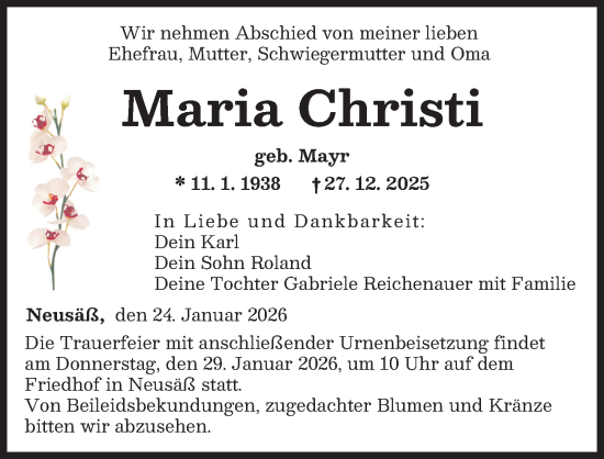 Traueranzeige von Maria Christi von Augsburger Allgemeine