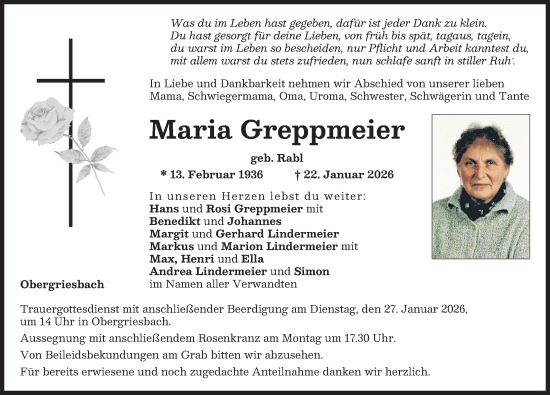 Traueranzeige von Maria Greppmeier von Aichacher Nachrichten